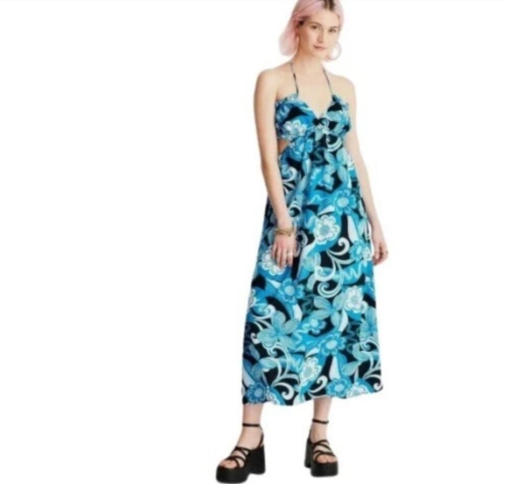 NWT Future Collective Blue Floral Halter Cut Out Maxi Dress SZ XS Beach Vacation